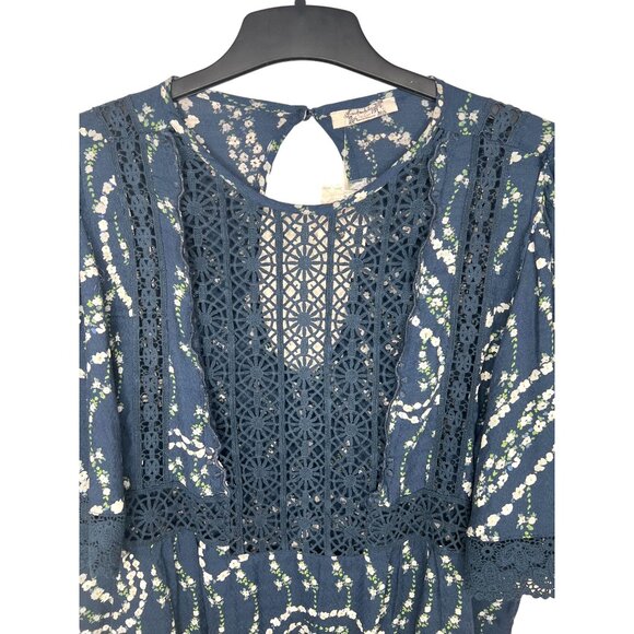 Free People Bali Tate Navy Floral Lace-Trimmed Bodysuit Open Back Size XL - Picture 10 of 16